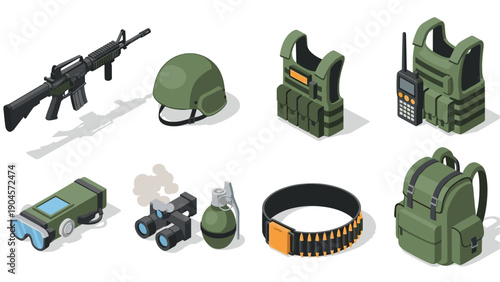 Military equipment icons collection in isometric style featuring modern gear elements