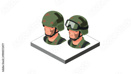 Isometric 3d camouflage military helmets with soldiers' heads illustration