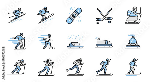 Various Winter Sports and Activities Icons.