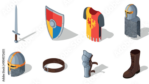 Medieval knight armor set with sword, shield, and helmet in isometric design