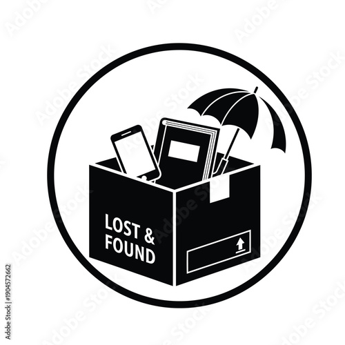 Lost and found box with umbrella, phone, and tablet inside a circle