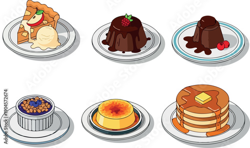 A delightful assortment of six delectable desserts served on individual plates, including pie, pudding, creme brûlée, and pancakes, perfect for any sweet craving