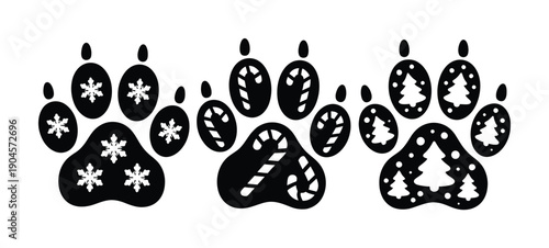 Festive Paw Prints: Snowflakes, Candy Canes, and Christmas Trees Vector illustration