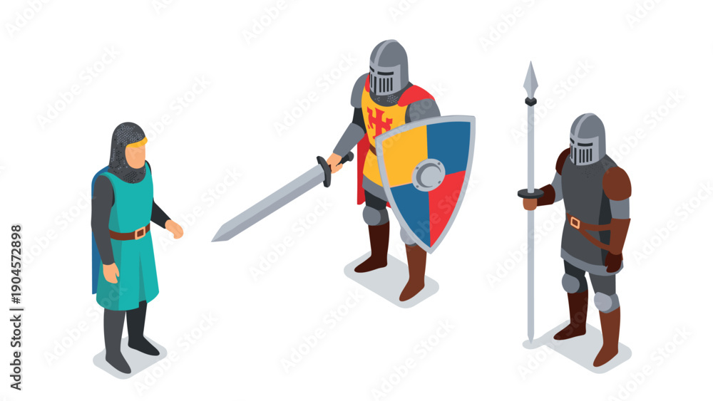 Fototapeta premium Medieval knights and warriors in isometric design with armor and weapons