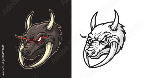 Aggressive wild boar head mascot with tusks and horns in color and black and white outline styles.