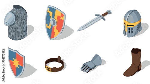Medieval armor set with helmets, shields, swords, and accessories in isometric style