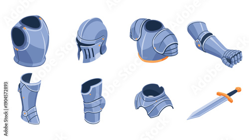 Isometric medieval armor set with sword for fantasy game design