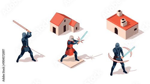 Isometric sci-fi warriors battling in futuristic setting with red and blue sabers