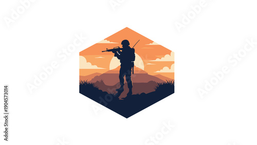 Silhouette of soldier in hexagonal sunset landscape with mountains