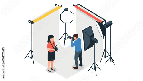 Professional photography studio setup with equipment and photographers in action