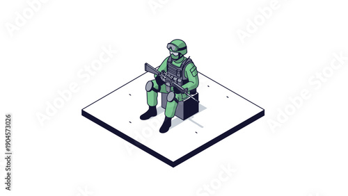 Isometric soldier sitting on box with rifle in futuristic minimalistic style
