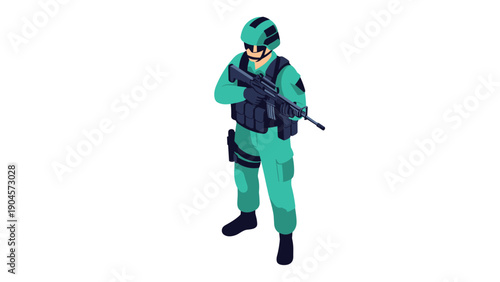 Isometric soldier character in tactical gear holding a rifle on a transparent background