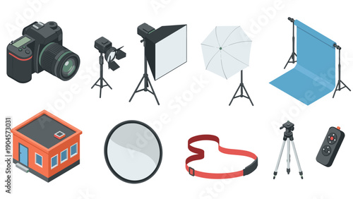 Professional photography equipment in isometric style for studio and outdoor shoots