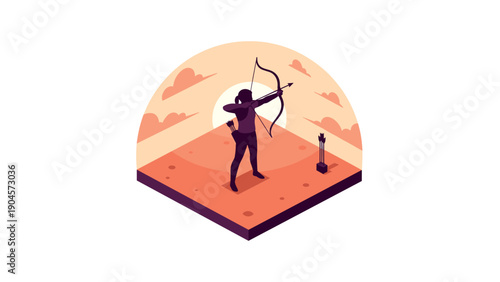 Isometric archer shooting bow on sunset platform with arrows and clouds in background