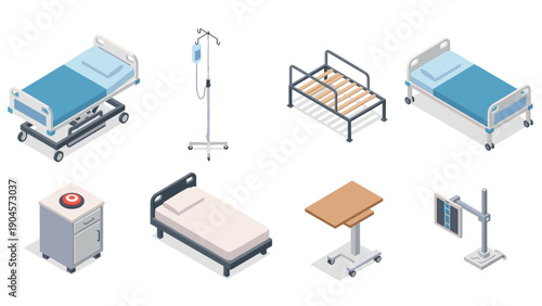 Isometric hospital equipment set featuring beds and furniture for medical interiors