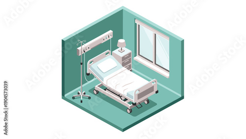 Modern hospital room interior with medical equipment in isometric design