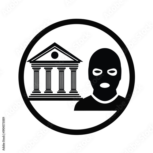 Black and white illustration of a bank robber wearing a ski mask next to a building with columns
