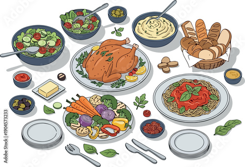 A beautifully illustrated overhead view of a delicious and abundant holiday feast, featuring a roasted turkey, fresh salads, pasta, bread basket, and assorted vegetables