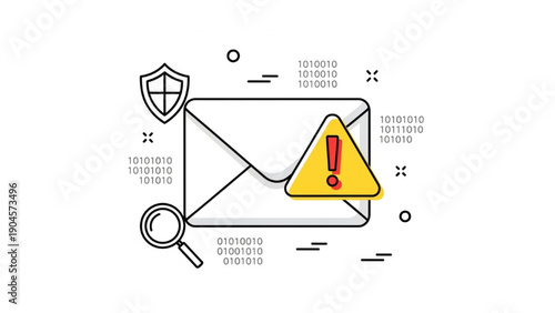 Email security warning with shield and exclamation mark symbolizing cyber threat protection and data vulnerability. Concept of secure messaging and digital communication risks