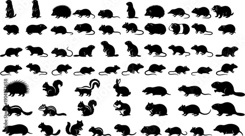 Small rodent and woodland animal silhouette collection featuring mice, rats, squirrels, skunks, porcupines, and rabbits in multiple poses isolated on white background