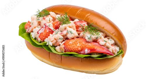 Premium Lobster Roll Sandwich isolated on a white background.
