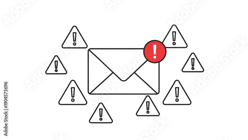 Digital communication security threat concept with email notification and multiple warning signs representing online risks