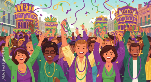 Mardi gras celebration with diverse crowd wearing purple green and gold