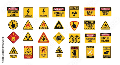 Collection of various warning signs on a white background.