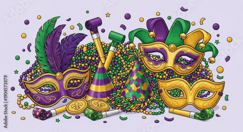 Mardi gras masks beads and confetti in purple green and gold