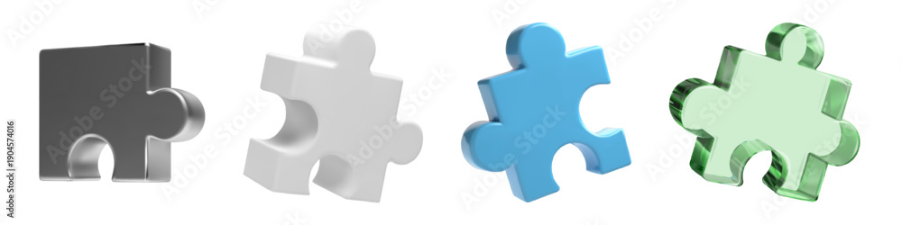 Obraz premium 3D puzzle piece icon, transparent green glass with silver white and blue. Realistic render for assemble jigsaw part. Join fragment of constructor for complex problem solve and build strategy framework