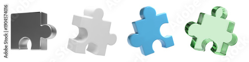 3D puzzle piece icon, transparent green glass with silver white and blue. Realistic render for assemble jigsaw part. Join fragment of constructor for complex problem solve and build strategy framework