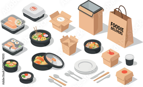 Various food delivery containers and packaging, including boxes, bags, and plastic trays, for takeout and catering services