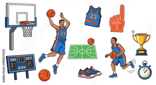 Flat lay of various basketball themed items including players, ball, jersey, trophy, and scoreboard on white background