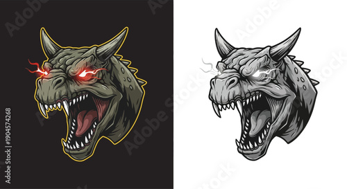 Detailed illustration of an angry dragon's head with glowing eyes, presented in both color and grayscale versions.