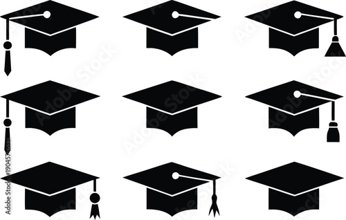 Graduation Cap Icon Set, Academic Mortarboard Vector Icons for Education and Ceremony Design