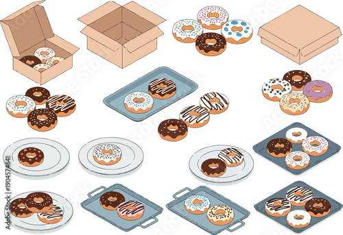 Assortment of delicious donuts arranged on trays, plates, and in a box, showcasing a variety of frosted and sprinkled treats