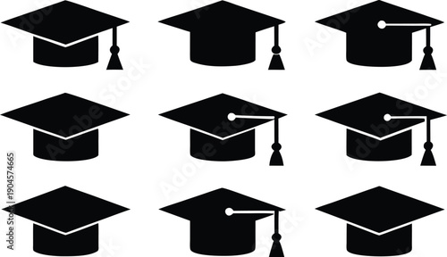 Set of Minimalist Graduation Cap and Mortarboard Icons for Education Achievement and University Commencement Design