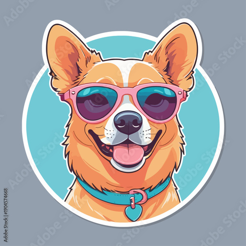 Charming vector cartoon sticker of a cheerful Corgi dog wearing stylish pink sunglasses, radiating fun and a happy vibe with its joyful smile and playful flat design