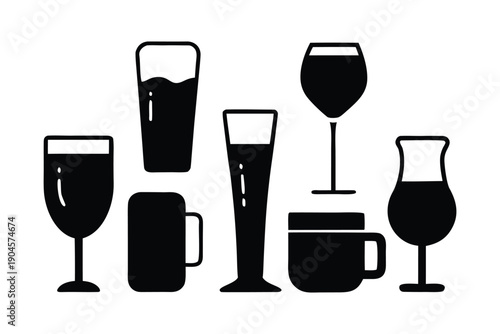 Set of Minimalist Glassware and Drinkware Silhouettes for Bar Menus, Restaurant Signage, and Cafe Branding