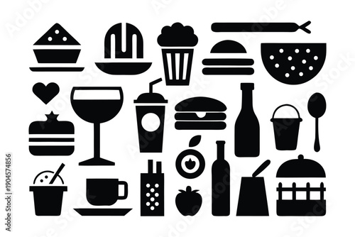 Food and Drink Icon Set, Black Minimalist Gastronomy Silhouettes on White Background