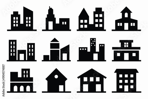 Modern Building and Real Estate Icon Set: Urban Skyscrapers, Residential Houses, Office Blocks, and City Architecture Silhouettes