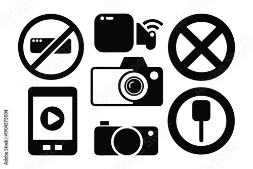 Photography and recording restriction icon set: No cameras, mobile video prohibition, and surveillance warning symbols