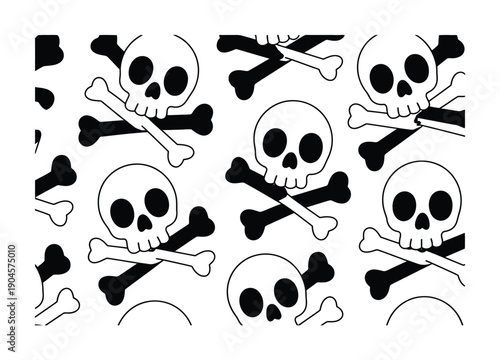 Seamless Pattern of Skulls and Crossbones in Vector illustration Black and White