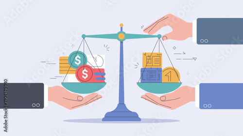 Hands balancing risk and stability on scales with financial icons, risk management and financial decision making concept