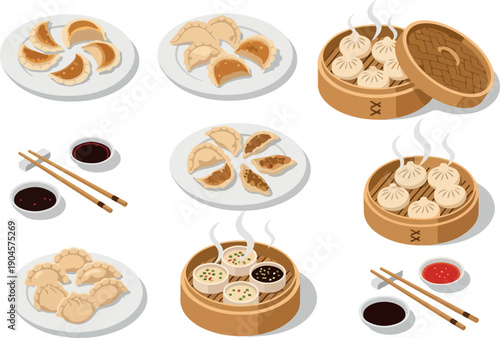 Various types of delicious and appetizing dumplings, dim sum, and wontons with dipping sauces, presented in a top-down view for culinary exploration