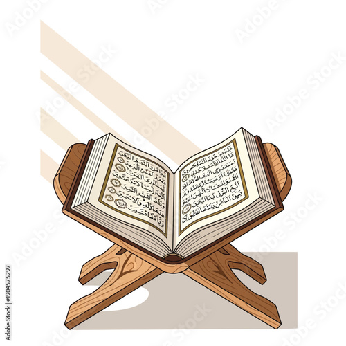 Open Quran on a wooden stand with light rays, symbolizing knowledge and divine guidance, an illustration representing Islamic faith and study