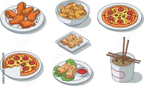 A delightful assortment of popular fast foods including chicken wings, french fries, pizza, and spring rolls, perfect for any casual dining occasion