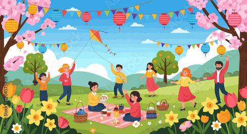 Children Playing with Kites in Garden.