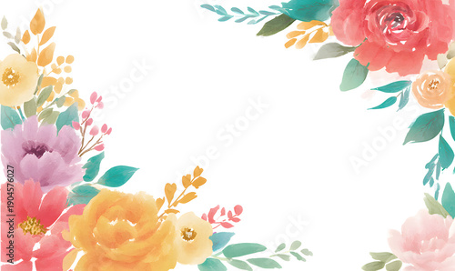 Floral watercolor frame with blooming garden flowers and botanical leaves on transparent background for wedding invitation design greeting cards posters and elegant spring stationary decoration