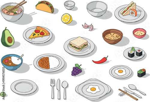 A variety of delicious food dishes and ingredients displayed in a clean, organized layout, perfect for culinary inspiration